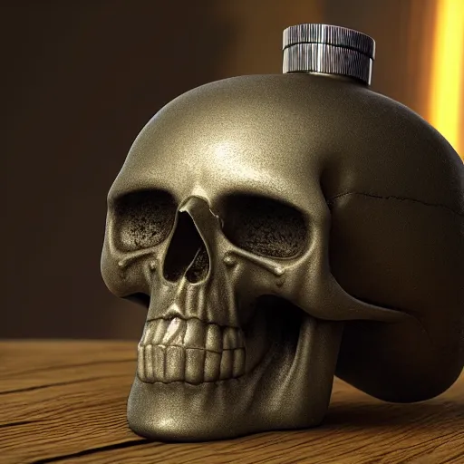 Image similar to ancient flask contains life and death essence, skull cap, raytracing, 3d rendering, octane render