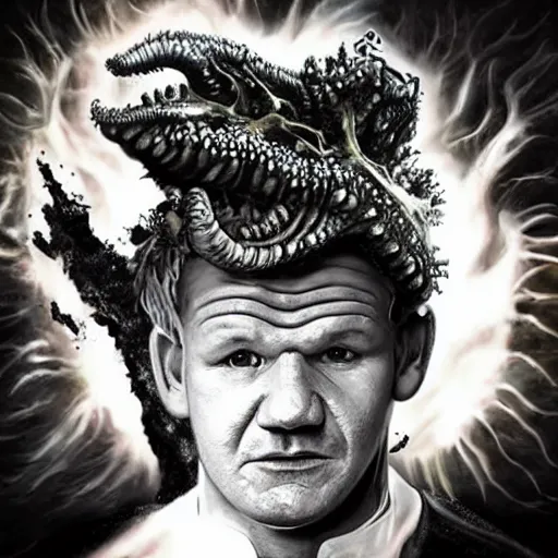 Image similar to gordon ramsay turning into a horrible horrific cthulu lovecraftian monster in the style of greg rutkowski