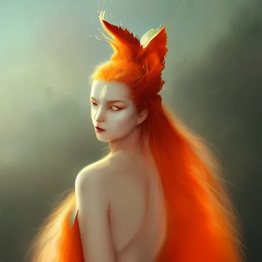 Prompt: prompt A beautiful portrait of a white red orange kumiho, translucent silky dress, wearing a bra in the shape of peacock feathers, close up front view, long clumpy hair in the shape of fox tail, backlit, concept art, matte painting, by Peter Mohrbacher
