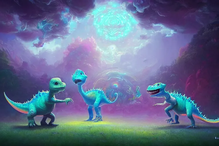 Image similar to a psychedelic realm made entirely out of love and acceptance, astral beings sharing love. filled with cute smiling glowing chibi style pixar baby dinosaurs in the style of greg rutkowski! and wlop and lisa frank! and bob ross!!! and ruan jia, illustration, epic, fantasy, hyper detailed, smooth, unreal engine, sharp focus, ray tracing