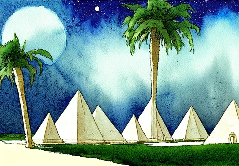 Prompt: a simple watercolor fantasy concept art of several large white pyramids with a dark grey boxy ufo from independence day ( 1 9 9 6 ) next to a palm tree at night with white pyramids in the background. by studio ghibli, rebecca guay, michael kaluta, charles vess