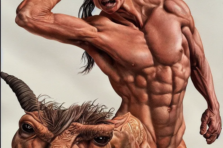 Image similar to beautiful lifelike painting of a centaur centaur centaur chimera tom cruise torso, hyperreal detailed facial features and uv lighting, art by ed roth and basil wolverton