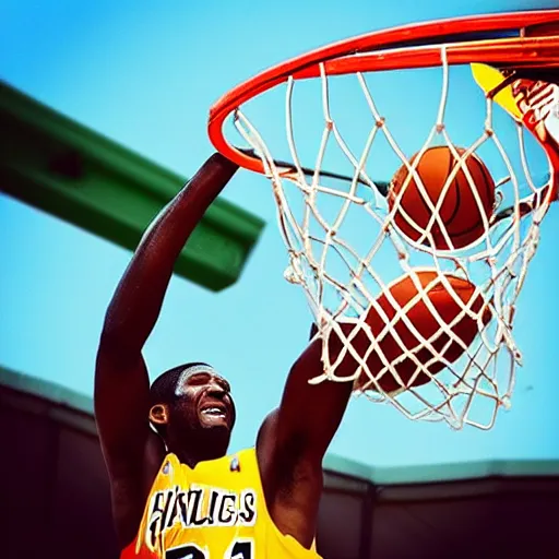 Prompt: “A cat dunking a basketball into the hoop over top of Shaquille O’Neil, 8K”
