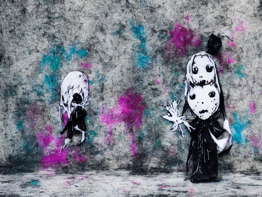 Image similar to ghost wraith apparition caught on camera, graffiti, cute fumo plush gothic black enigmatic maiden girl painted in spilt ink and washed watercolor, minimalist avant garde pop art, filmic, vignette, captured on canon eos r 6