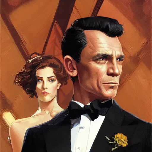 Prompt: lindsay pelas as james bond wearing a tuxedo, portrait, highly detailed, digital painting, artstation, concept art, sharp focus, illustration, art by artgerm and greg rutkowski and alphonse mucha