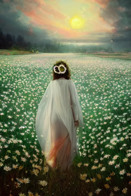 Image similar to giant white daisy flower crown head, veil girl walking in a flower field, surreal photography, sunrise, dramatic light, impressionist painting, colorful clouds, digital painting, artstation, simon stalenhag