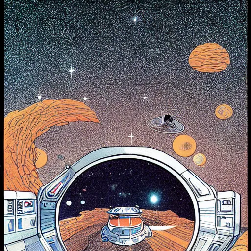 Prompt: a space station tunnel, by moebius