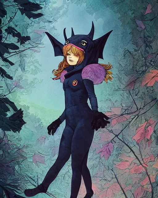 Prompt: a girl in a cute bat costume on a hike in the appalachian mountains, full shot, focused, ambient lighting, detailed, art by ayami kojima, makoto shinkai, kilian eng