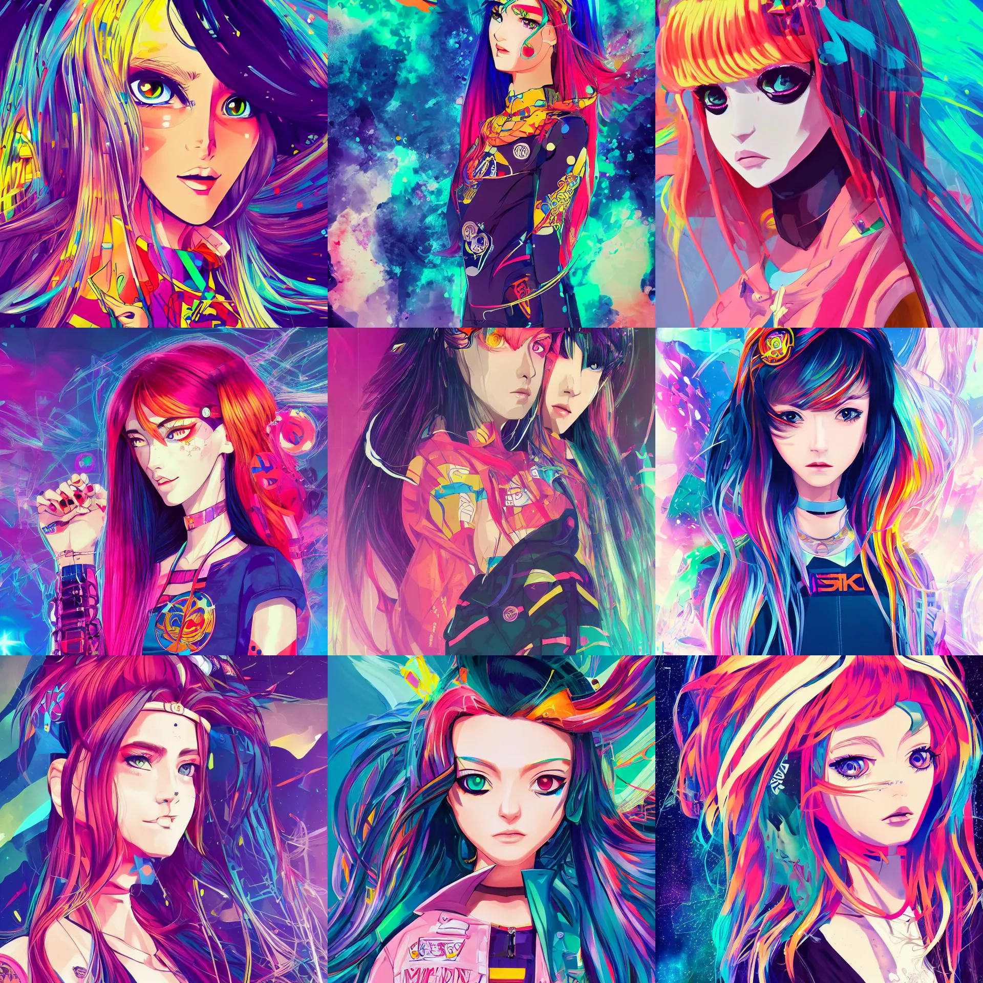 Prompt: poster woman with futuristic streetwear and long hair, colourful, pretty face, intricate eyes, elegant, Anime by Roset Conrad, Kuvshinov Ilya and Sailor Moon 4k, HDR, Graphic Design, Behance Trending on artstation, award winning