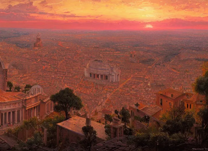 Prompt: A painting of a panoramic view of Rome at sunset, by Greg Rutkowski and James Gurney, trending on Artstation, highly detailed