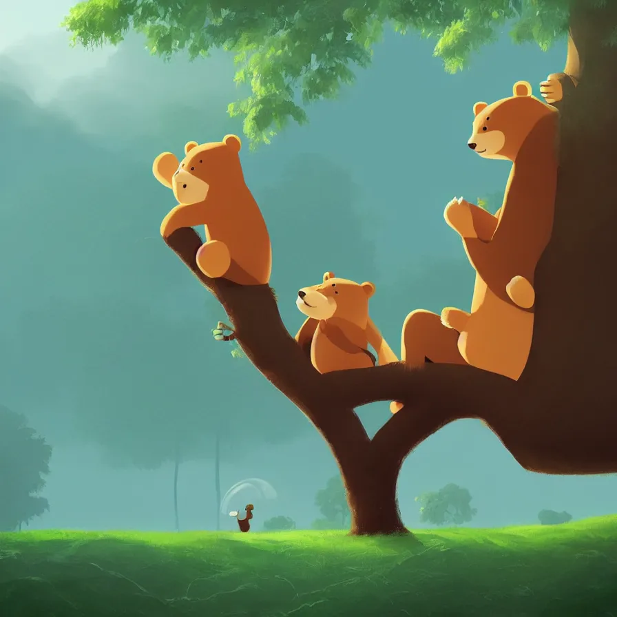 Prompt: A bear hugging a tree while sailing down the river. A river that crosses the jungle where there is a bear sailing, art by Goro Fujita, ilustration, concept art, sharp focus, ArtStation, Deviantart