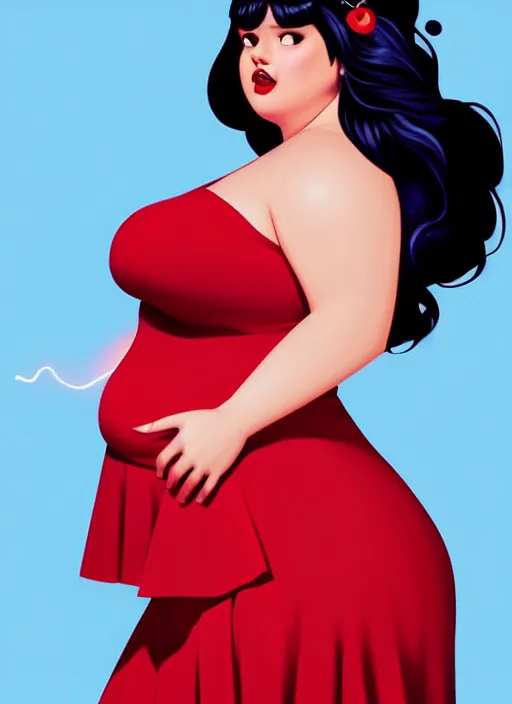 Image similar to full body portrait of teenage veronica lodge, obese, bangs, sultry, realistic, sultry smirk, wavy hair, red skirt, fat, belly, intricate, elegant, glowing lights, highly detailed, digital painting, artstation, concept art, smooth, sharp focus, illustration, art by wlop, mars ravelo and greg rutkowski