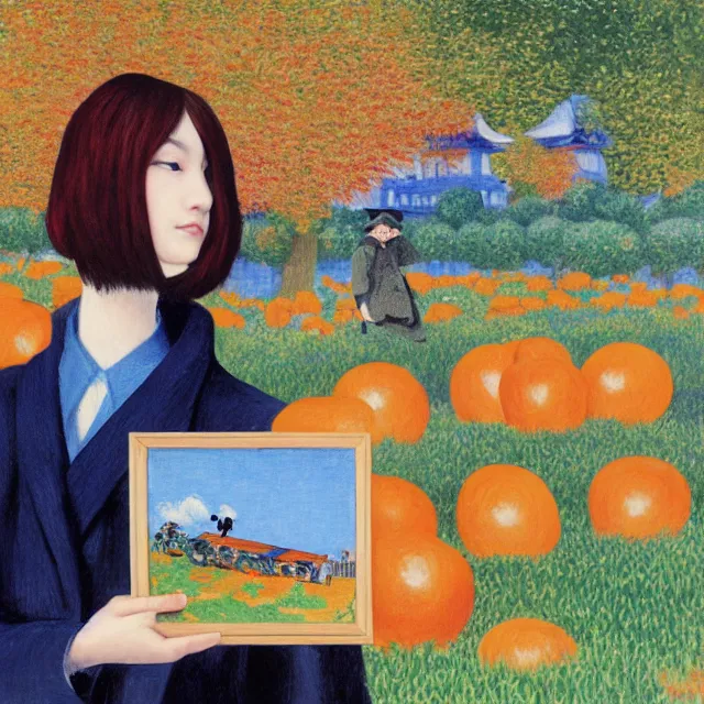 Image similar to tall emo girl artist holding small portraits and a persimmon on a train, on shinkansen in japan, odawara station, odawara castle, autumn leaves, pigs, octopus, acrylic on canvas, surrealist, by magritte and monet