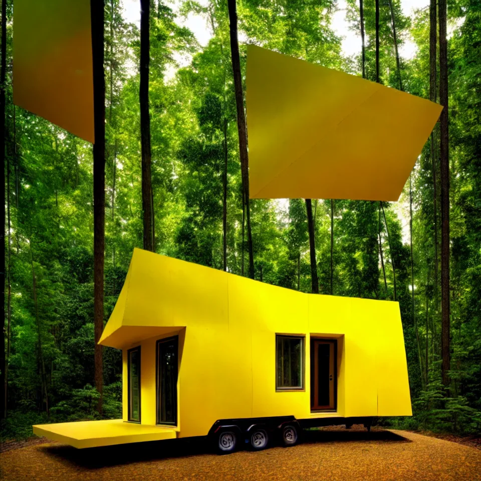 Image similar to a tiny tiny house with big tiles, from far away, in a forest, designed by frank gehry. film grain, cinematic, yellow hue