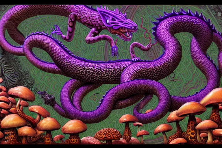 Image similar to a detailed digital art painting of a cyberpunk magick oni dragon with occult futuristic effigy of a beautiful field of mushrooms that is a adorable leopard atomic latent snakes in between ferret biomorphic molecular hallucinations in the style of escher, alex grey, stephen gammell inspired by realism, symbolism, magical realism and dark fantasy, crisp,