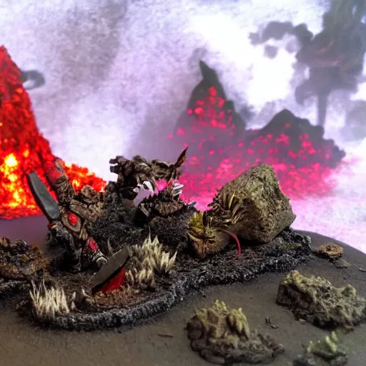 Image similar to volcano landscape with khorne berserk fighting