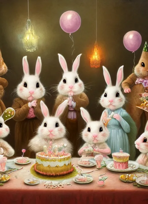 Prompt: highly detailed group closeup portrait of cute bunnies having a birthday party banquet in a castle, unreal engine, nicoletta ceccoli, mark ryden, earl norem, lostfish, global illumination, god rays, detailed and intricate environment