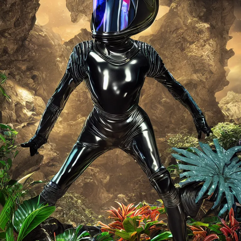Image similar to octane render portrait by wayne barlow and carlo crivelli and glenn fabry, focus on a woman wearing a smooth shiny black latex spacesuit with intricate iridescent metal helmet, surrounded in colorful tropical alien flora in front of a giant rocky cave opening, cinema 4 d, ray traced lighting, very short depth of field, bokeh