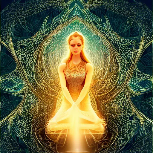 Image similar to glowing cracks, elven princess, meditating, peaceful, levitating, powerful, blossoming, lotus pose, zen, glowing, fractal background, ascending, detailed, realistic, digital art, fantasy, trending on artstation, cinematic, movie clip, visionary art, intricate pattern, subtle pattern, detailed texture, fractal texture, flowing, engraved texture, sacred geometry pattern, symmetry, perfect, perfect face, facial beauty, pretty, attractive, by peter morhbacher, dmt temple, godlike, pearlescent