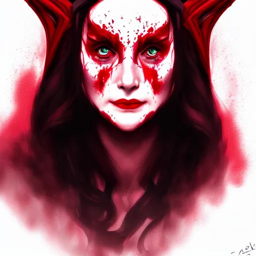 Image similar to Portrait of Wanda the scarlet witch, Marvel, crying blood, screaming, highly detailed, anger, fear, ominous background, artstation, trending on ArtStation, by smile _zPRO