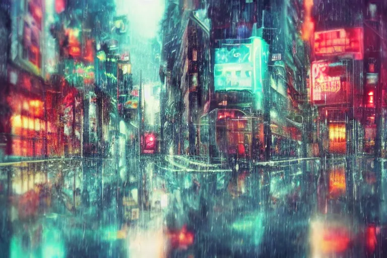 Image similar to Bustling photorealistic!!! rainy (((neon))) street in a utopian city illustrated and reimagined by Max Hay, inverted fisheye lens!!!, eyelevel!!! view!!! photography, trending on artstation, 4k, 8k, lens distortion, chromatic aberration, soft focus blur, photorealistic imagery, photorealistic details, intricate, highly detailed, artstation 3d, artstation render, artstation 3d render, 3d art, unreal engine 3d, octane 3d, blender 3d, 3d landscape