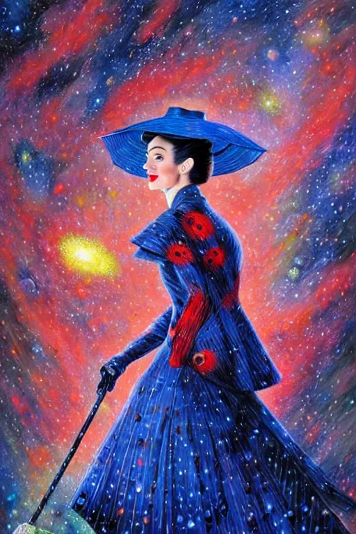 Prompt: beautiful oil painting with high detail of Marry Poppins made of stars and plasma; seemlessly blending wirh the cosmos, art direction by James Cameron ;by artgerm; wayne reynolds art station; cinematic quality character render; low angle; ultra high quality model; production quality cinema model; marry Poppins escher punk