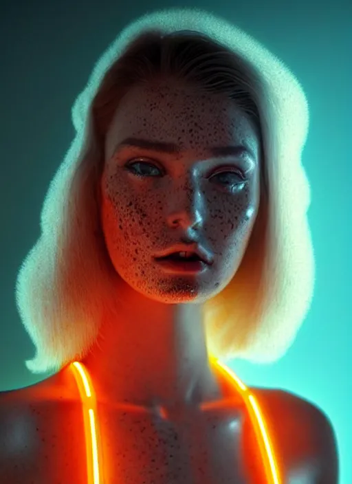 Image similar to a beautiful female humanoid with freckles cheeks, cyber neon lighting, retro futurism, intricate futuristic jewelry, retro futuristic glossy latex suit, transparent plastic sleeveless vest, profile posing, hyper photorealistic, crispy quality, digital photography, trending in artstation, trending in pinterest, cinematic, 4 k ultra hd, art by pascal blanche, art by greg rutkowski,