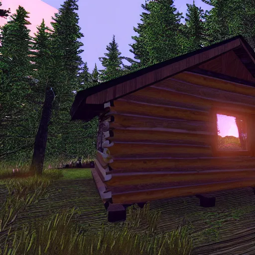 Prompt: a log cabin in the middle of the forest with a dirt path leading up to it, at sunset, Second Life game screenshot