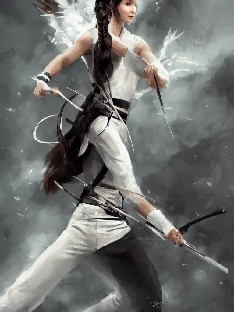 Prompt: katniss everdeen as a karate black belt, wearing a white gi, digital portrait by greg rutkowski, intricate, sharp focus, cinematic, epic, artstation