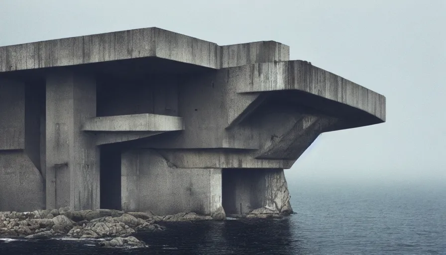 Prompt: brutalist base perched on a cliff overlooking a magnificient bay, drawing architecture, fog horizon, pixar lighting, pritzker architecture prize, greig fraser