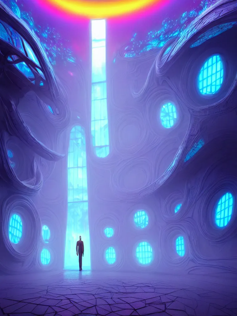 Image similar to entrance to ethereal realm, god waiting, octane render, central composition, symmetrical composition, dreamy colorful cyberpunk colors, 6 point perspective, fantasy landscape with anthropomorphic!!! terrain!!! in the styles of igor morski, jim warren, and rob gonsalves, intricate, hyperrealistic, volumetric lighting, neon ambiance, distinct horizon