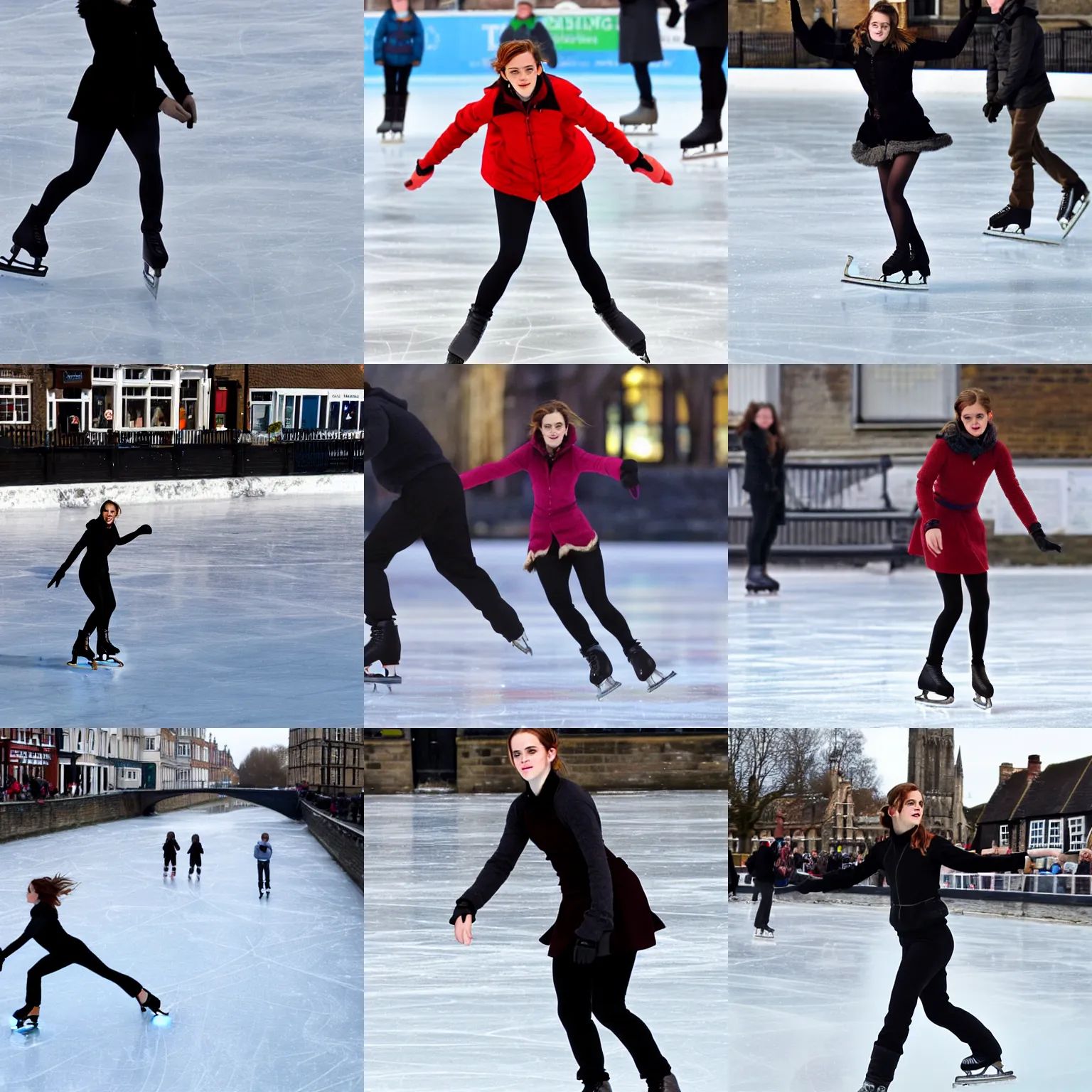 Prompt: emma watson ice skating on a frozen river stour, seen from canterbury high street