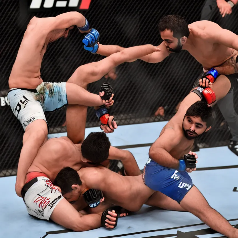 Image similar to ufc fight between rohit sharma & virat hohli in octagon, ultra realistic, highly detailed, canon 3 5 mm photography