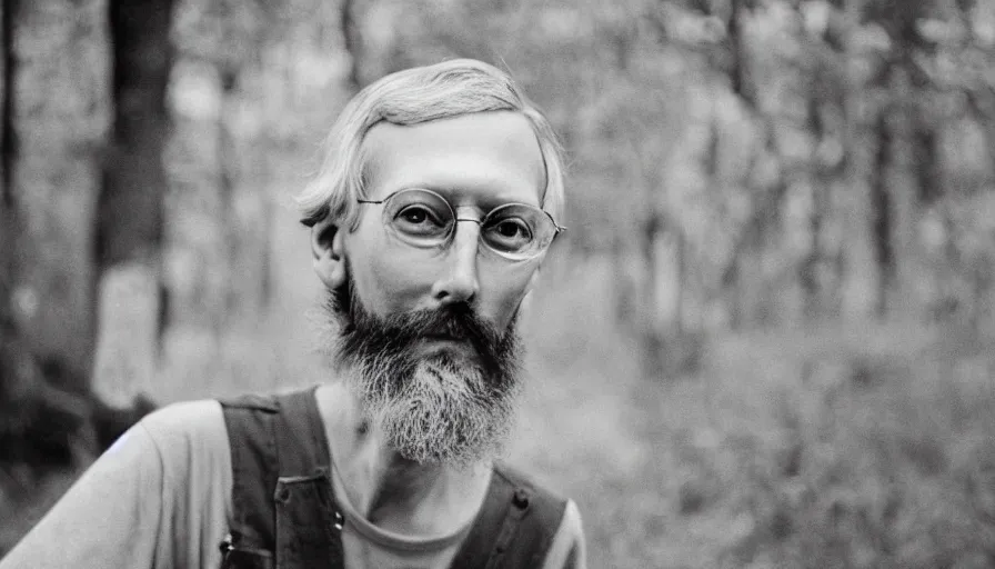 Prompt: far view, extremely skinny malnourished mitch mcconnell with long beard, wearing dirty overalls, dirty greasy face, grin, portrait, close up, kodak gold 2 0 0, 5 0 mm,