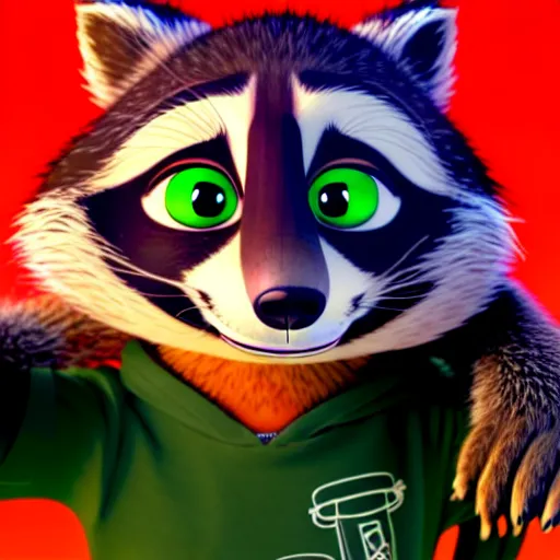 Prompt: a relaxed stoner with a black hoodie on with a marijuana themed dark green raccoon head from zootopia, 3 d, blender 3 d, render, extremely detailed, 8 k, has cracked red eyes