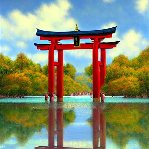 Prompt: torii gate in middle of a lake, portrait art by donato giancola and james gurney, digital art, trending on artstation
