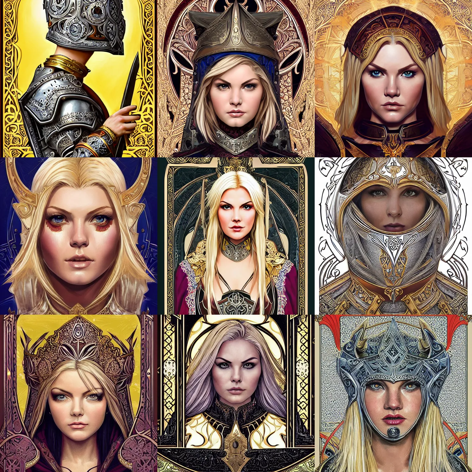 Prompt: head-on symmetrical centered painted portrait, Elisha Cuthbert as a paladin, blonde hair, ornate heavy plate armour, art nouveau, ornate square border, tarot card style, medieval robes, fantasy, intricate, elegant, highly detailed, smooth, sharp focus, illustration, artstation, in the style of Artgerm and Anna Podedworna and Alex Ross and Mucha