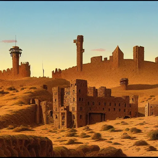 Prompt: a medieval fort in the middle of the mojave desert, matte painting by james gurney and canaletto and angus mcbride, 8 k concept art