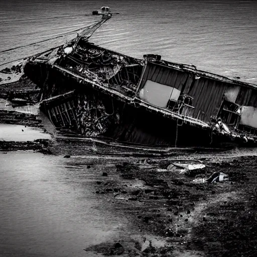 Image similar to crashed cargo ship leaking mysterious black gooey liquid, mysterious black slime, black gooey liquid leaking out of crashed cargo ship, apocalyptic, ruined, container ship, crashed, 8 5 mm f / 1. 4