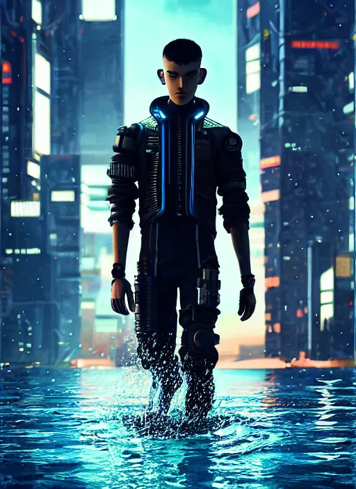 Image similar to photo of cyberpunk male teenager walking on water in the style of stefan kostic, realistic, sharp focus, 8 k high definition, insanely detailed, intricate, elegant, art by stanley lau and artgerm