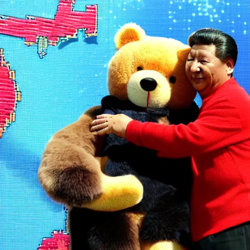 Prompt: xi jinping hugging teddybear at faire