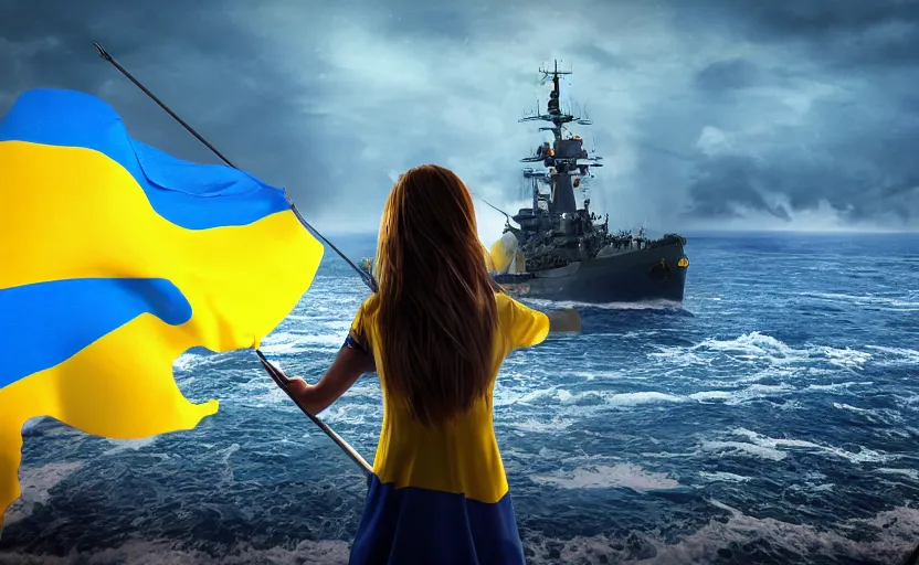 Prompt: view from behind of a girl in national blue and yellow clothes with beautiful hair holding a flag and standing on a shore and facing a huge realistic detailed Russian warship on the horizon. She is ready to fight. Ukrainian flag on the left side, concept art, сinematic lighting, insanely detailed, smooth, sharp focus, Artstation, 8k, unreal engine, hyper-realistic, bright background, moonlight, volumetric lighting, digital illustration by Ruan Jia and Mandy Jurgens and Artgerm and Wayne Barlowe and Greg Rutkowski and Zdislav Beksinski