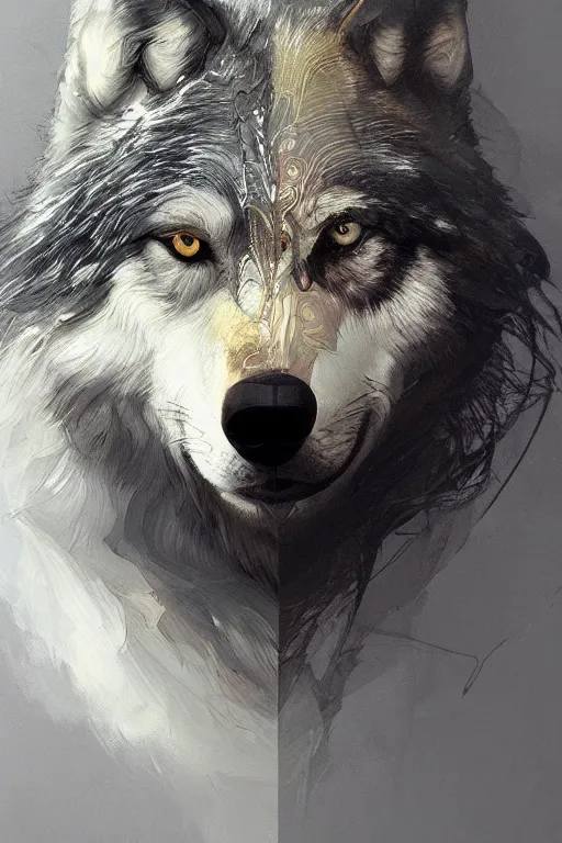 Image similar to portrait of a gray wolf, wolf face, intricate, elegant, highly detailed, digital painting, artstation, concept art, smooth, sharp focus, illustration, art by Krenz Cushart and Artem Demura and alphonse mucha