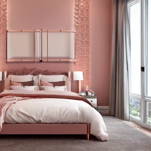 Image similar to 3 d render of modern bedroom in rose gold accents