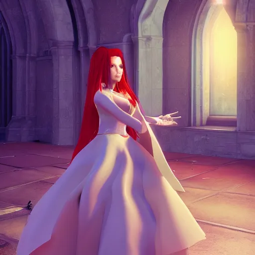 Prompt: aeris from final fantasy in a beautiful dress standing in front of a church, beautiful lighting, 8 k, digital art, final fantasy, trending on artstation