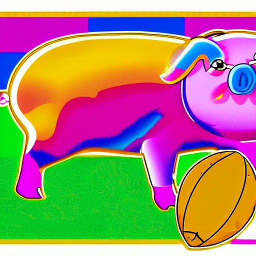 Prompt: lisa frank dashing pig wearing a simple gold throwing a football in the style of Andy J Pizza