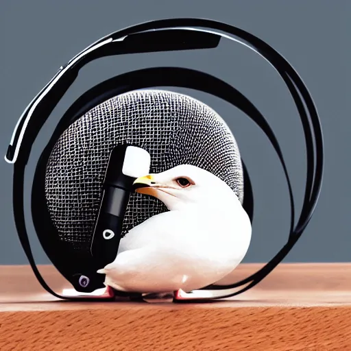 Prompt: a minimal logo of a seagull bird wearing headphones and talking to a microphone at a podcast