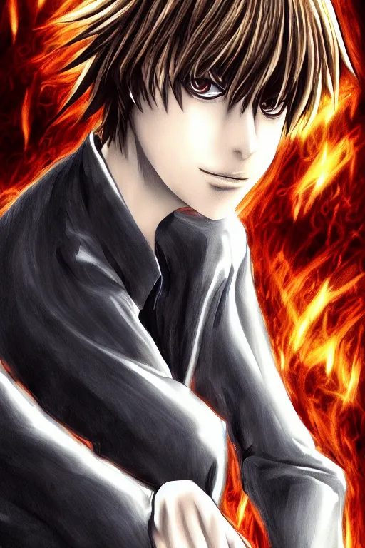 Image similar to light yagami, god of the new world, highly detailed, digital art, sharp focus, trending on art station, death note