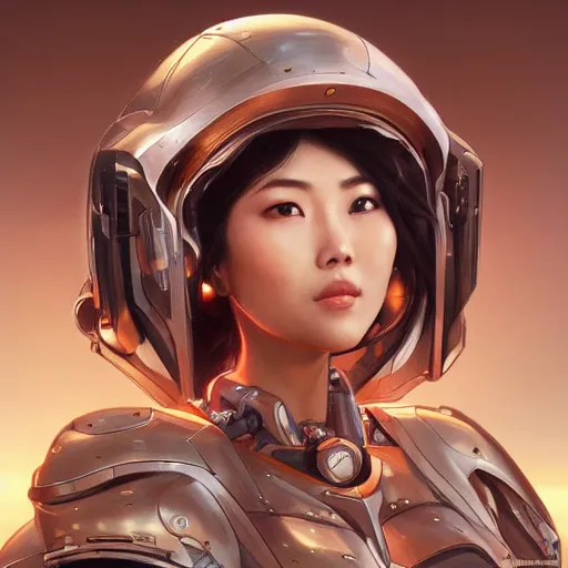 Image similar to portrait painting of asian woman in mecha helmet, by artgerm and greg rutkowski and alphonse mucha, ultra realistic, concept art, intricate details, highly detailed, photorealistic, octane render, 8 k, unreal engine