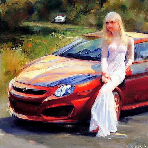 Image similar to painting volegov car blonde woman volcano